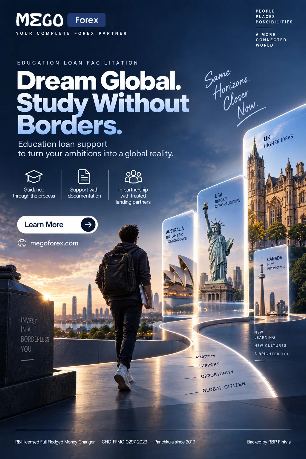 MEGO Forex ad: a student with a backpack walks a glowing path past glass panels showing Australia, the USA, the UK and Canada. Headline: Dream global. Study without borders.