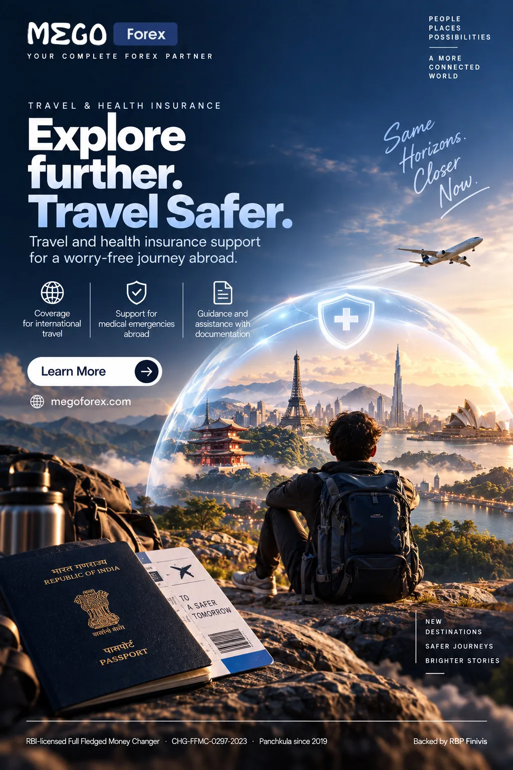 MEGO Forex ad: a traveller with a backpack sits on a rocky outlook facing a glass dome of world landmarks, a passport in the foreground. Headline: Explore further. Travel safer.
