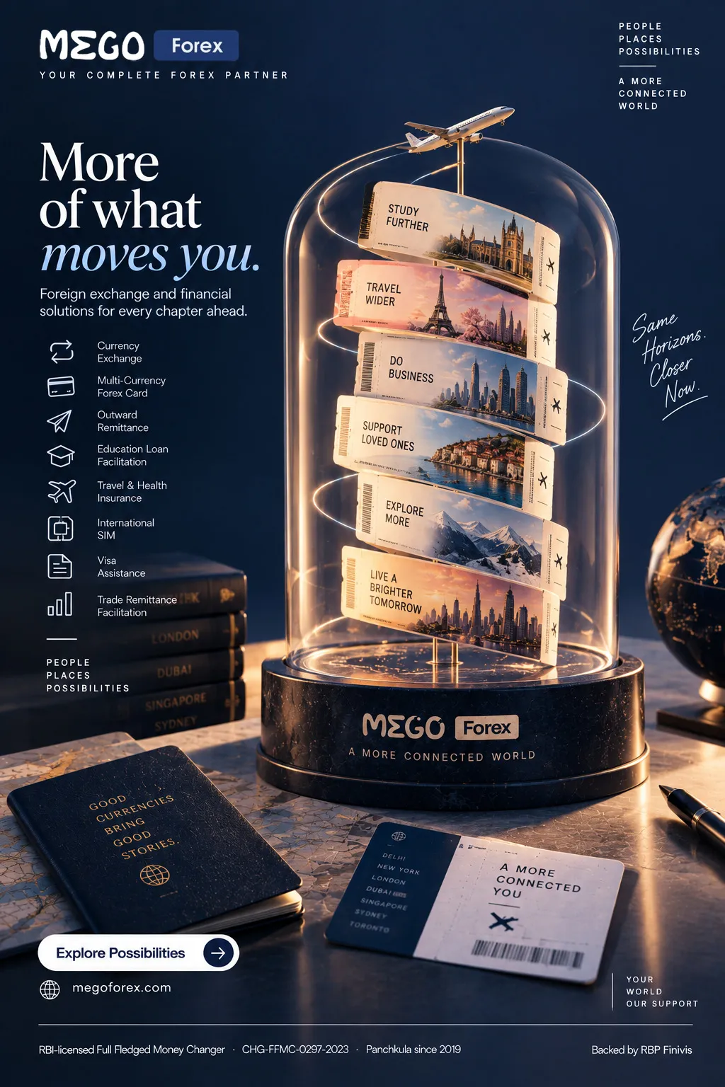MEGO Forex ad: a glass bell jar holds a spiral of travel tickets for studying, travelling and doing business abroad. Headline: More of what moves you.