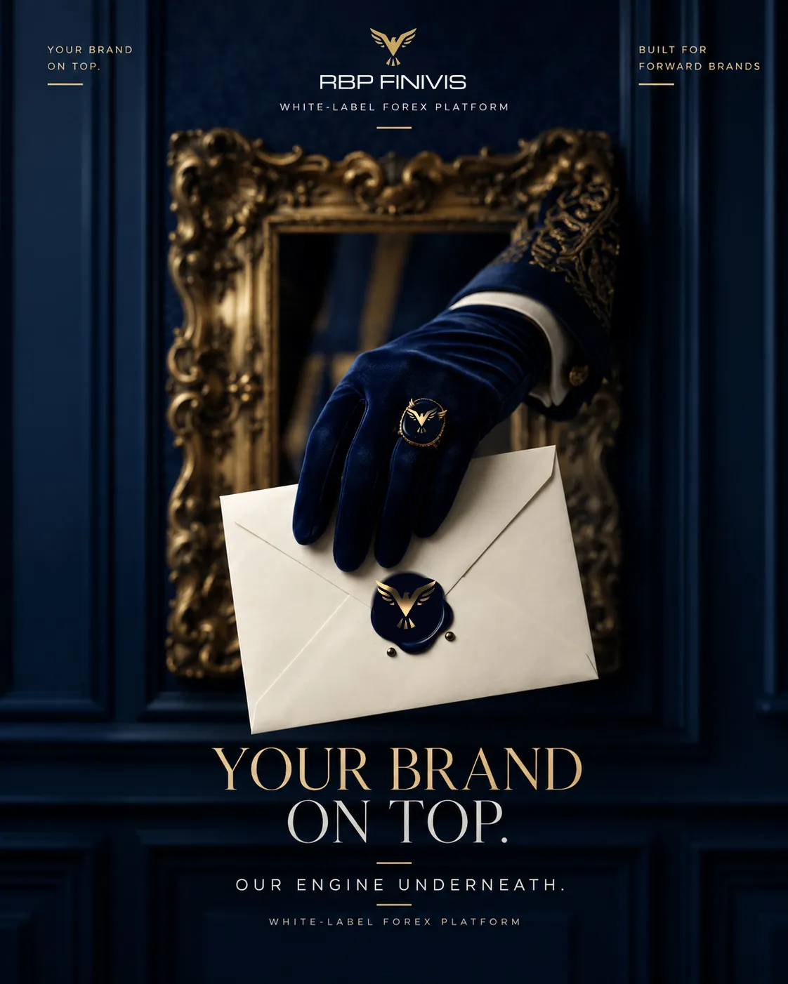 A navy velvet-gloved hand reaches out of an ornate gold frame holding a cream envelope sealed with navy wax bearing the RBP Finivis eagle. Headline: Your brand on top. Our engine underneath.