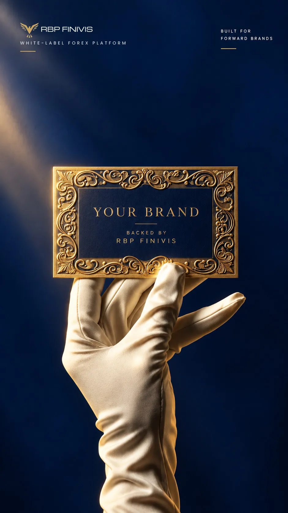 A cream silk glove holds up an engraved gold card reading Your Brand, backed by RBP Finivis, against a deep navy background.