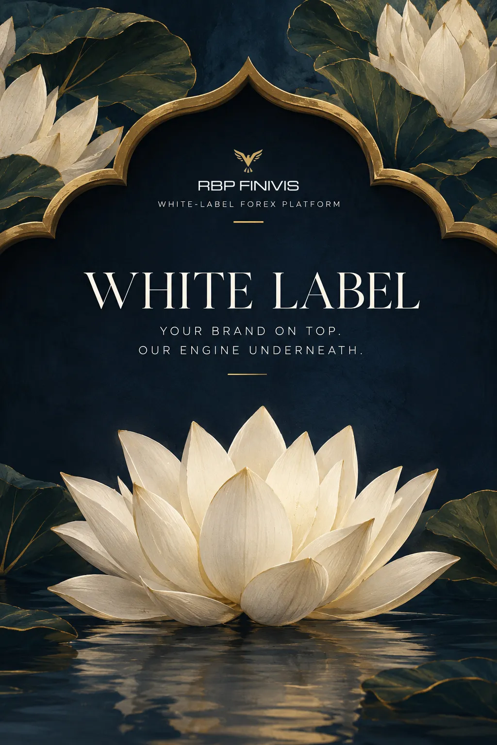A white lotus with gold-edged petals rises from dark water beneath a gilded Indian arch. Headline: White label — your brand on top, our engine underneath.