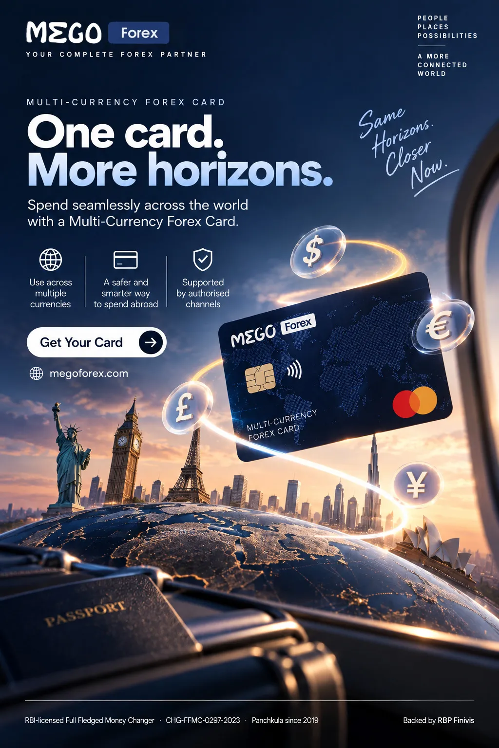 MEGO Forex ad: a navy multi-currency card floats over a globe at sunset with dollar, euro, pound and yen coins. Headline: One card. More horizons.