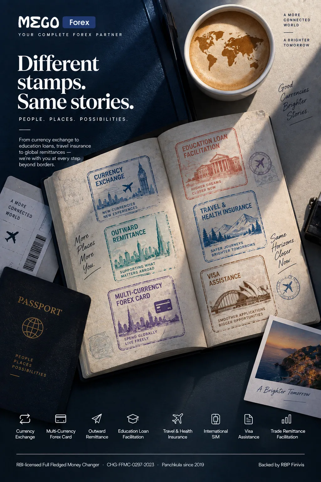 MEGO Forex ad: an open passport whose visa stamps each name a service — currency exchange, remittance, forex card, insurance — beside a coffee cup. Headline: Different stamps. Same stories.