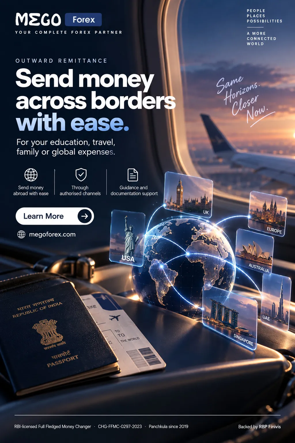MEGO Forex ad: an Indian passport and boarding pass on a plane tray table beside a glowing globe linked to cards for the UK, USA, Europe, Australia, UAE and Singapore. Headline: Send money across borders with ease.