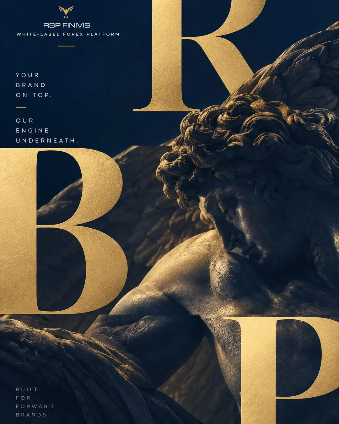 Giant gold serif letters R, B and P interlock with a close-up of a dark classical winged statue; small type reads Your brand on top. Our engine underneath.